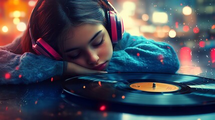 A retro photo effect illustration of a teenage girl drifting away wearing headphones listening to music on vinyl record with vector style musical notes 