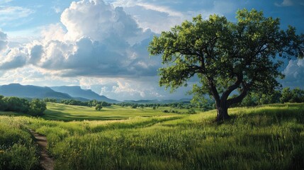 Obraz premium Tranquil Landscape with Tree Under a Dramatic Cloudy Sky