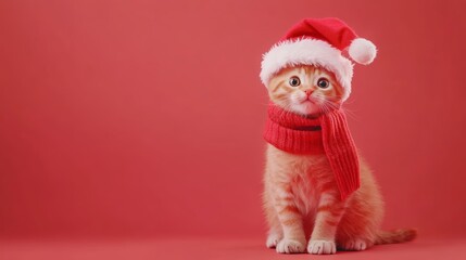 Fototapeta premium Photo of a cute cat wearing Santa hat and scarf