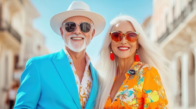 A smiling senior couple in vibrant clothing and sunglasses poses outdoors on a sunny day in a charming urban setting. Concept: travel, joy. - Powered by Adobe