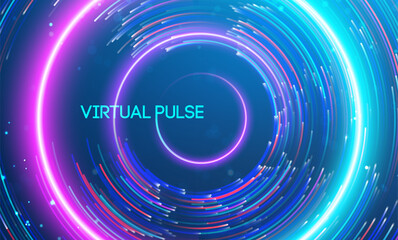 Virtual pulse represented by vibrant circular motion of glowing light trails. Big data and data science integration with advanced technology and artificial intelligence concepts.
