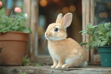 Obraz premium Adorable Young Orange Rabbit Sitting Outdoors