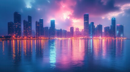 Fototapeta premium Vibrant cityscape skyline reflecting on calm water at dusk.