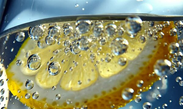 A close-up of a lemon slice in sparkling water with bubbles.