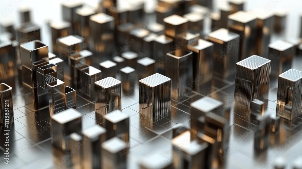 Poster stacked 3d bar graphs in metallic tones, arranged in a pattern on a white reflective surface, highli