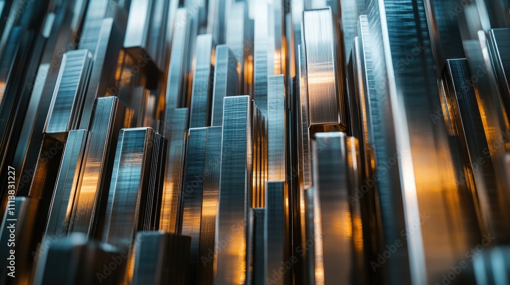 Poster stacked 3d bar graphs in metallic tones, arranged in a pattern on a white reflective surface, highli