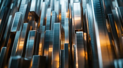 Stacked 3D bar graphs in metallic tones, arranged in a pattern on a white reflective surface, highlighting complex data visualization