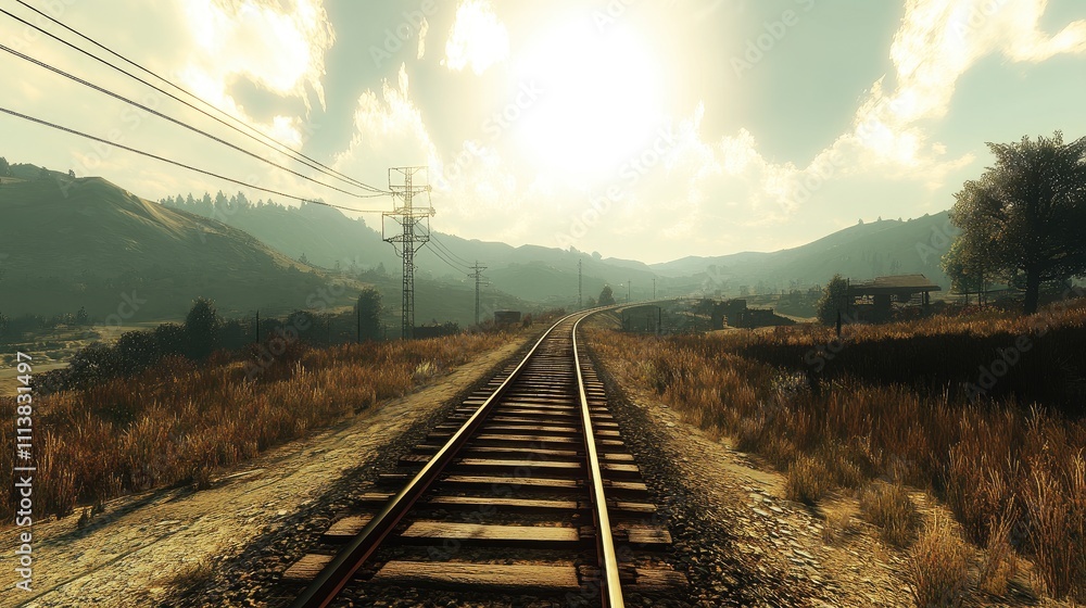 Poster symmetrical view of railway tracks leading through an open field, with a dramatic sky full of clouds