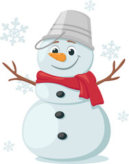 Snowman with a scarf and a bucket on his head close-up on a white background. New Year character