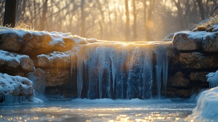 Frozen waterfall in winter forest at sunrise.