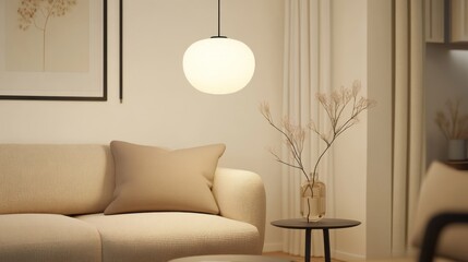 Modern Living Room Decor With Beige Sofa And Pendant Light