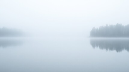 Fototapeta premium Misty Lakeside Serenity - A Tranquil Landscape in the Fog