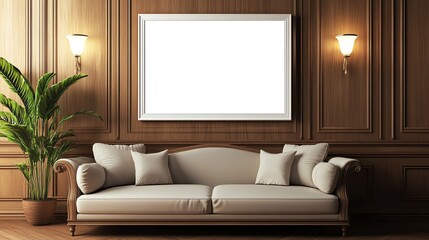 Mock up living room,  large ar 16:9 landscape mock up picture frame on the wall  above a modern elegant sofa, ultra-realistic, Photography, Megapixel