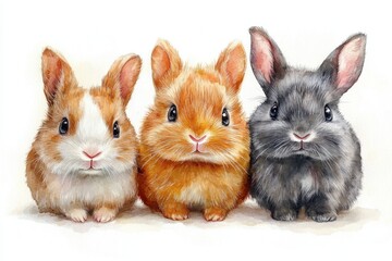 Obraz premium Three cute, fluffy rabbits in a row, showcasing their distinct colors and expressions.