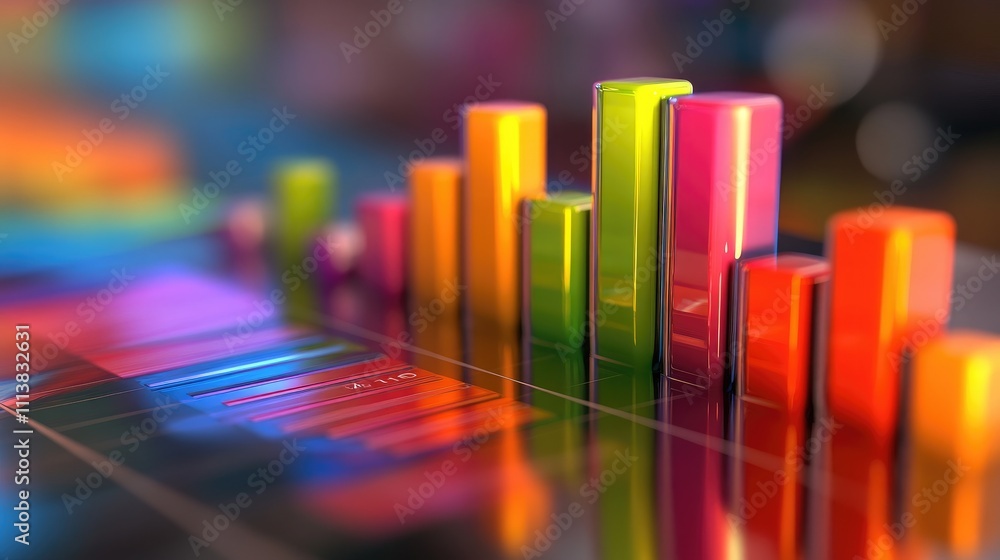 Poster various 3d bar graphs with different colors and heights on a reflective surface, symbolizing statist