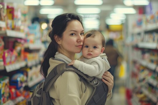 Young business woman in Convenience Store while carrying her baby boy by ergonomic baby carrier. - Powered by Adobe