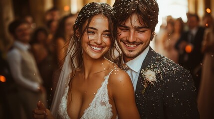 A joyful couple with mixed heritage celebrates their wedding day with smiles and confetti, surrounded by friends and family in a warm atmosphere.