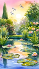 Serene Garden Pond Sunset With Dragonflies And Water Lilies