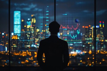 silhouette of man against the background of night city with skyscrapers and graphs, businessman