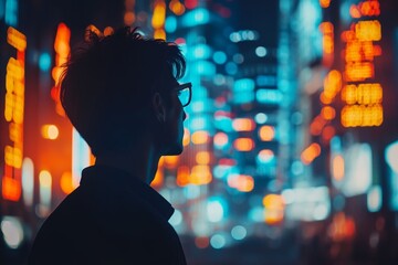 silhouette of businessman man in profile standing near window and looking at the night city, investor, investments, strategy, copy space