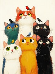 Seven cats, stacked on top of each other, looking up, little birds, childish and warm, Style cartoon