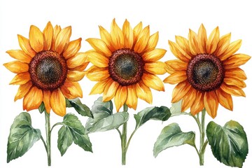 Obraz premium Three vibrant sunflowers with green leaves, showcasing natural beauty and botanical art.