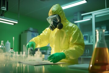 scientist in hazmat suit in green radioactive lab mixing chemicals