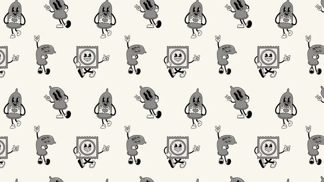 Black and white retro condom mascot character -. 40s, 50s, 60s old animation style. Safe sex,birth control and contraception concept. Loop Background.