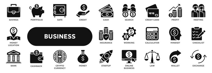 Set of vector solid icons related to business management, finance, money. Symbols for website or app ui, logo design, illustration