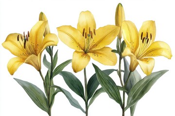 Fototapeta premium Three vibrant yellow lilies with green leaves, showcasing floral beauty and nature's elegance.