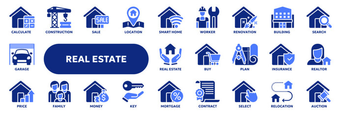 Set of vector line icons related to real estate and rent, construction, purchasing and selling a home. Symbols for website or app ui, logo design, illustration