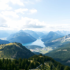 Naklejka premium View of heart shape with mountains and lake landscape