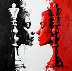 An abstract artistic illustration of Queen chess pieces facing each other in opposition in black and red, white background