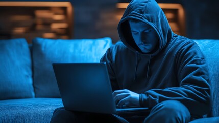 A hooded man sits on a couch in a dimly lit room, using a laptop.