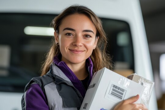 Portrait of delivery spanish woman with barcode reader holding packages in front white delivery van