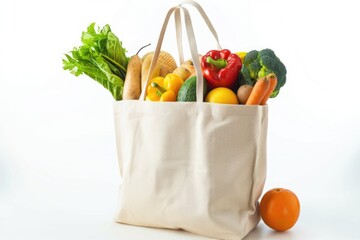 Reusable shopping bag full of groceries isolated on white background   clipping path