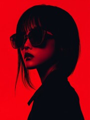 silouhette of an stunning Asian girl wearing high-end fashion, background is red