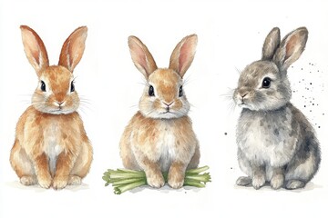 Fototapeta premium Three watercolor rabbits in various poses, showcasing their charm and character.