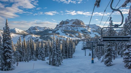 Fototapeta premium Serene winter landscape snowy mountains, ski slopes, chairlifts, and evergreen trees in harmony