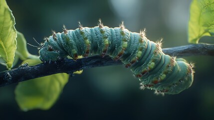 Fototapeta premium Green Polyphemus Moth Caterpillar on Branch