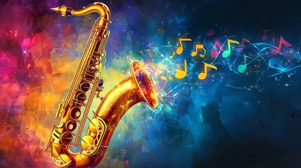 An illustration of a colorful, abstract saxophone with a flow of musical notes on a black background, copy space for text