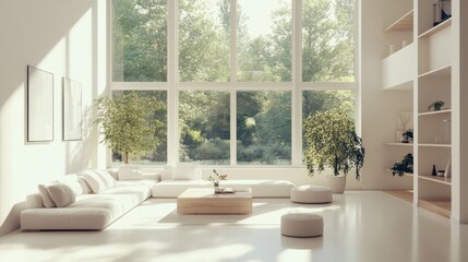 Serene and Spacious Living Room with Large Windows Overlooking Nature