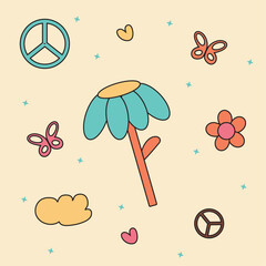 Stickers pack flowers, hearts, buyyerfly, clouds in retro style with brown, red, blue colors set on pale orange background for stickers, wallpapers, greeting cards, icons, packaging, fabrics