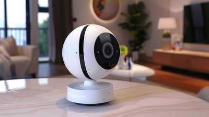 A modern security camera designed for home monitoring, featuring a spherical shape.