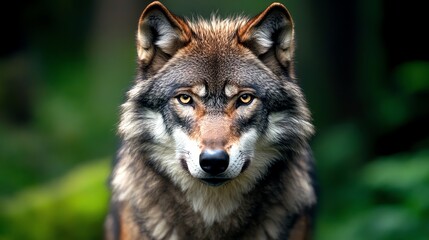 A wolf looks intensely at the camera from behind a green leafy background.