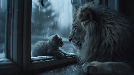 A kitten discovers its reflection as a lion, representing inner strength and transformation