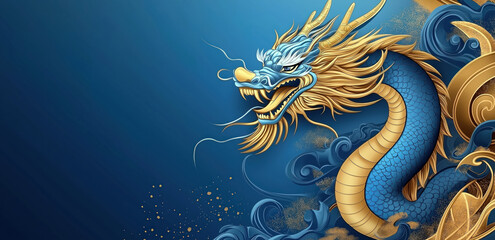Obraz premium chinese dragon with intricate details, symbolizing the zodiac sign year of the dragon, happy new year 2025 celebration artwork on navy blue background, copy space for text