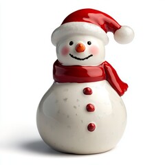 snowman wearing Santa hat and red scarf, isolated on white background