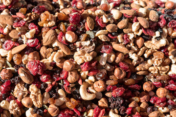 Background of mixed nuts close up. Flat lay.