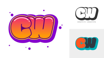 CW logo design for festival or party. Initial letter c and w in graffiti style. Creative modern lettering company name of font typography. Kids trendy logotype or identity.